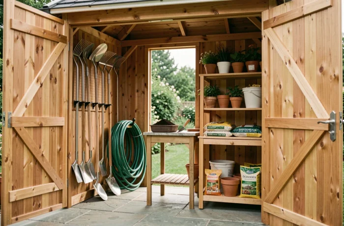 Abri de jardin en cèdre bien organisé avec des outils de jardinage rangés et du matériel d'aménagement fonctionnel