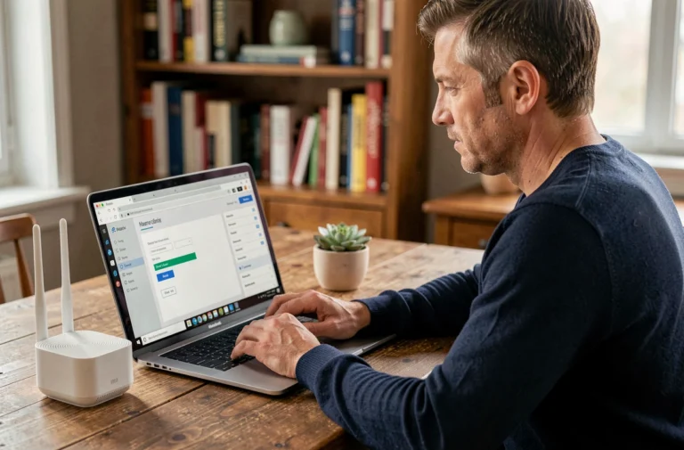 Homme accédant à l'interface d'administration de sa box internet via un navigateur web sur un ordinateur portable à son bureau
