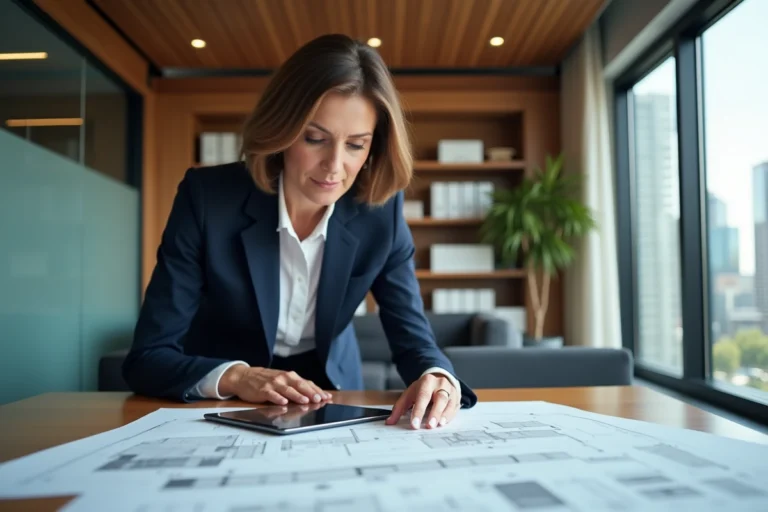 Professionnelle de l'immobilier analysant des plans de projet sur une table de réunion moderne, accompagnement en gestion de projet immobilier