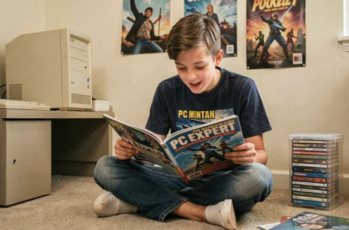 Adolescent lisant un magazine PC Expert dans sa chambre des années 90, entouré d'un ordinateur de bureau, de CD-ROM et de posters de jeux vidéo
