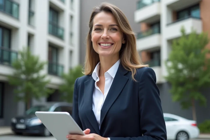 Agent immobilière professionnelle devant un immeuble moderne, tenant une tablette avec des données du marché immobilier