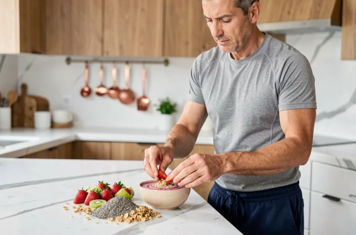 Homme préparant un bol de smoothie sain dans une cuisine moderne pour une alimentation équilibrée