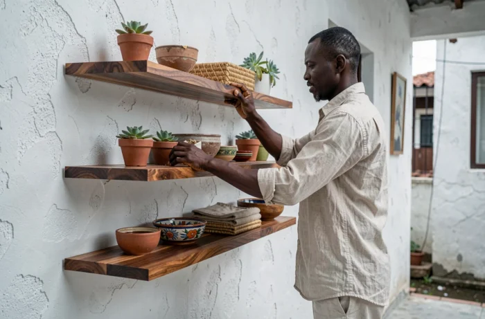 Homme malgache installant des étagères en bois local avec des objets artisanaux dans un appartement urbain à Antananarivo