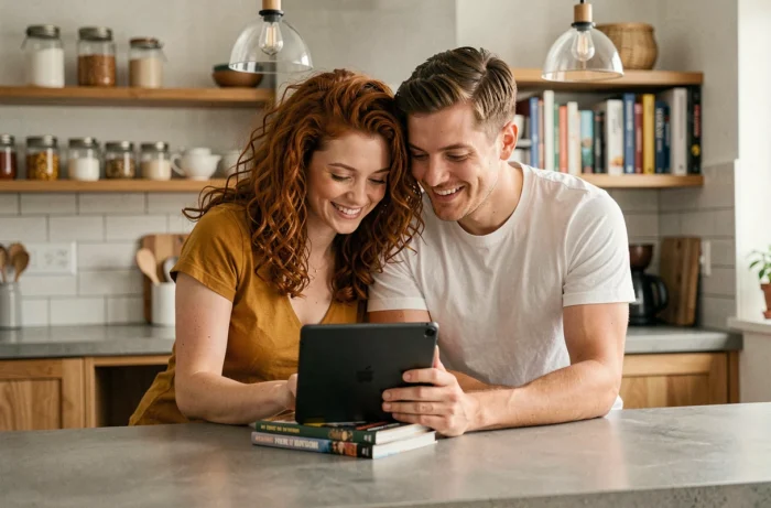 Deux amis découvrant ensemble une application de streaming innovante sur une tablette dans une cuisine moderne