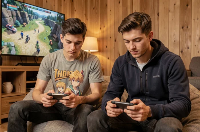 Deux amis geeks jouant sur des consoles portables dans un salon gaming cozy entouré d'écrans et de décorations geek