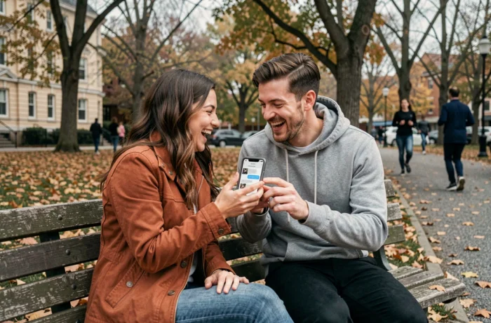 Deux amis riant ensemble sur un banc de parc en lisant une conversation amusante sur un téléphone