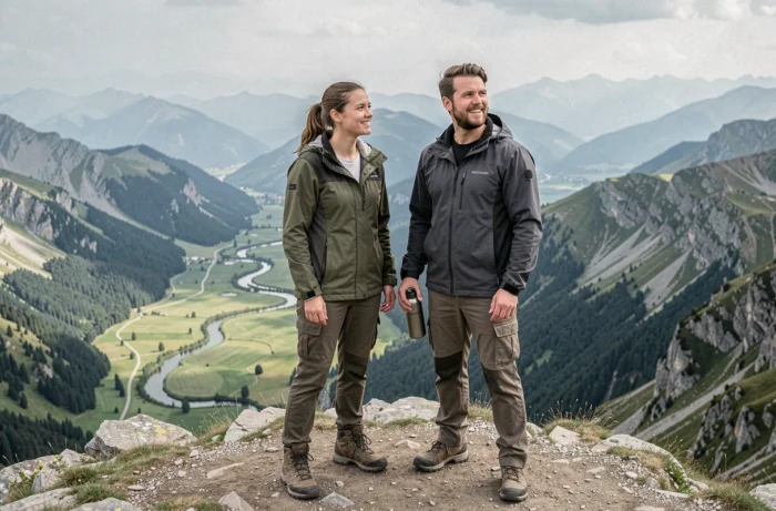 Deux amis voyageurs admirant un panorama de montagne depuis un belvédère en pleine nature