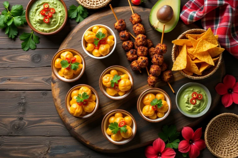Plateau apéritif créole avec accras de morue, chips de banane plantain et brochettes colombo sur table en bois rustique