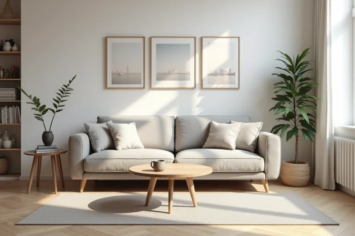 Appartement meublé moderne prêt à la location LMNP avec salon décoré et parquet clair illustrant le statut de loueur meublé non professionnel