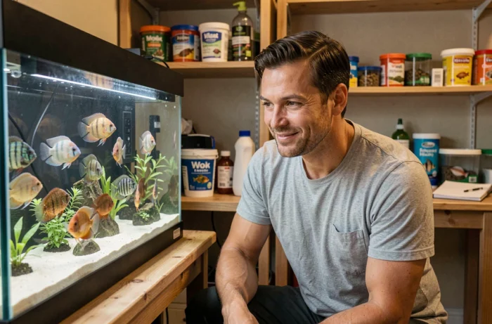 Aquariophile observant ses cichlidés dans un grand aquarium installé dans une pièce dédiée à la maison
