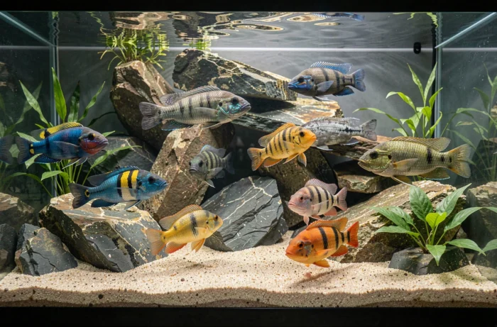 Aquarium avec des cichlidés colorés nageant parmi des rochers et des plantes aquatiques dans un biotope naturel