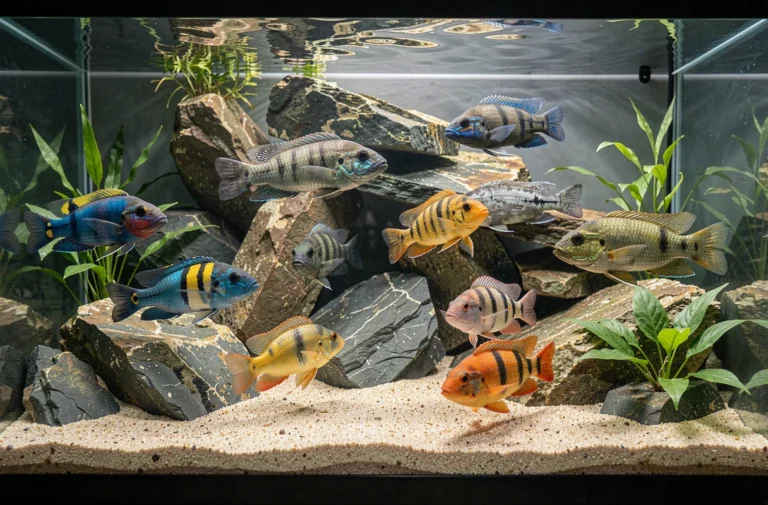 Aquarium avec des cichlidés colorés nageant parmi des rochers et des plantes aquatiques dans un biotope naturel