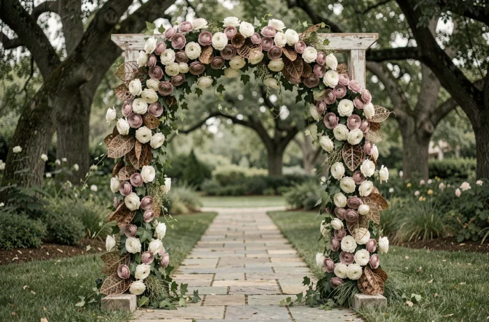 Arche florale de mariage avec roses blanches, renoncules mauves et feuillage naturel, tendance cérémonie mariage 2022