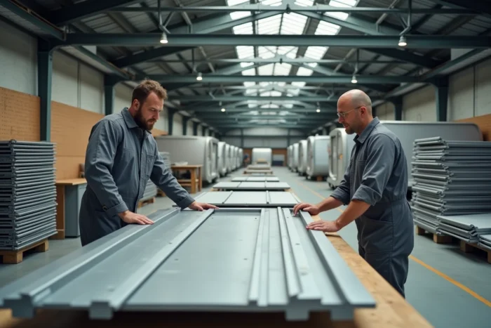 Atelier de fabrication de caravanes Rubis avec techniciens assemblant des panneaux structurels