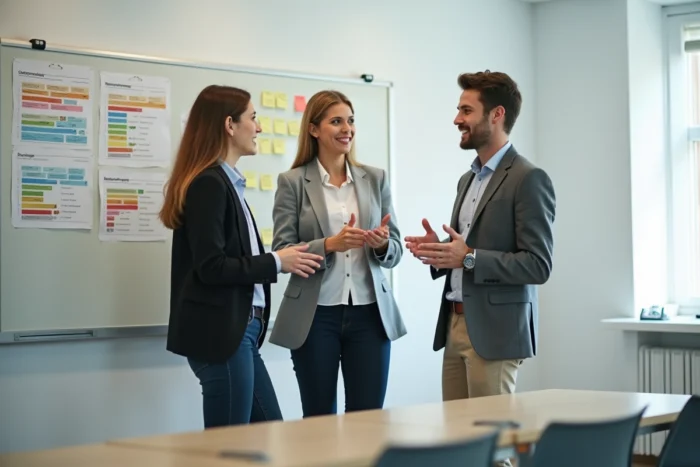 Groupe de jeunes professionnels participant à un atelier de networking et de stratégie d'insertion professionnelle autour d'un tableau blanc