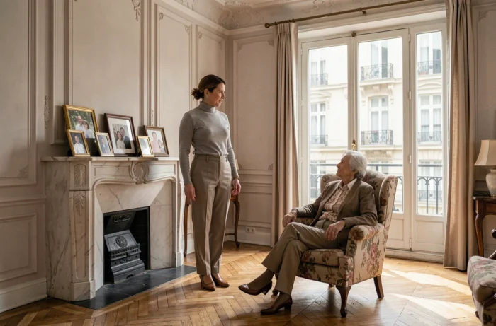 Deux femmes de générations différentes discutant dans un appartement parisien, symbolisant l'influence sociale et le lien familial transmis