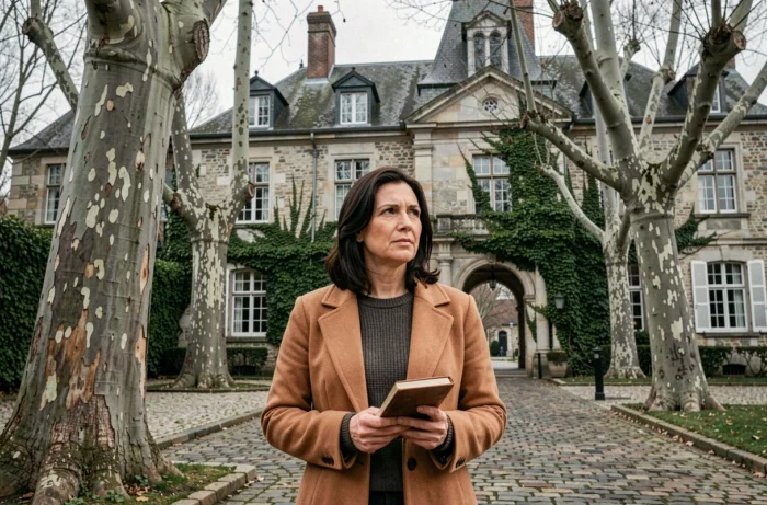 Femme debout devant un manoir régional français, carnet en main, illustrant les racines sociales et l'héritage familial d'Aurore Malval