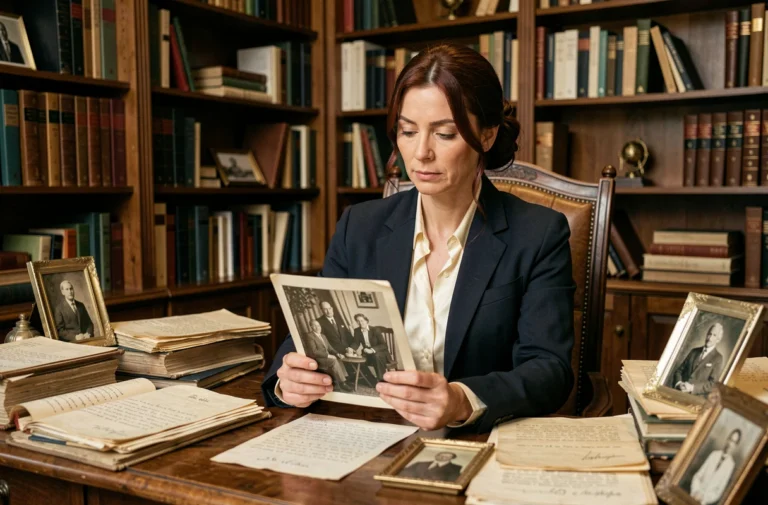Femme contemplant des photographies de famille anciennes dans une bibliothèque chaleureuse, évoquant les origines familiales d'Aurore Malval