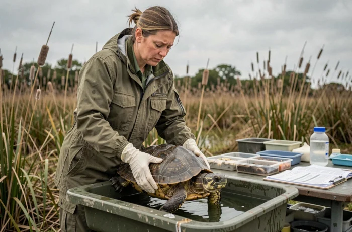 Biologiste de terrain examinant une tortue serpentine lors d'une étude sur la respiration cloacale dans une réserve naturelle humide