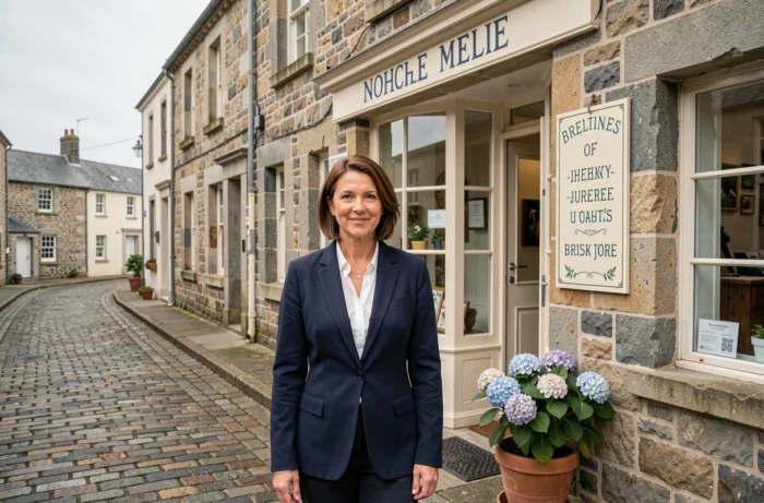 Femme chef d'entreprise devant sa boutique en pierre bretonne, symbole de visibilité locale en Bretagne