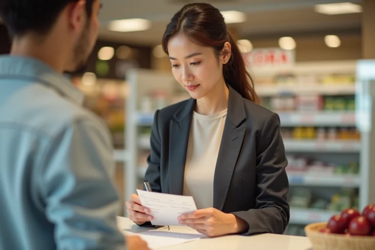 Femme remplissant un chèque différé au comptoir d'un supermarché de type Cora pour un nouveau client