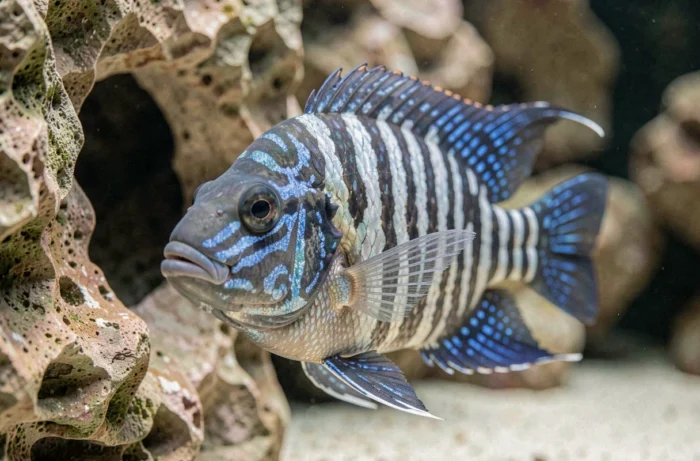 Gros plan d'un cichlidé Frontosa avec ses rayures bleues et blanches caractéristiques dans un aquarium