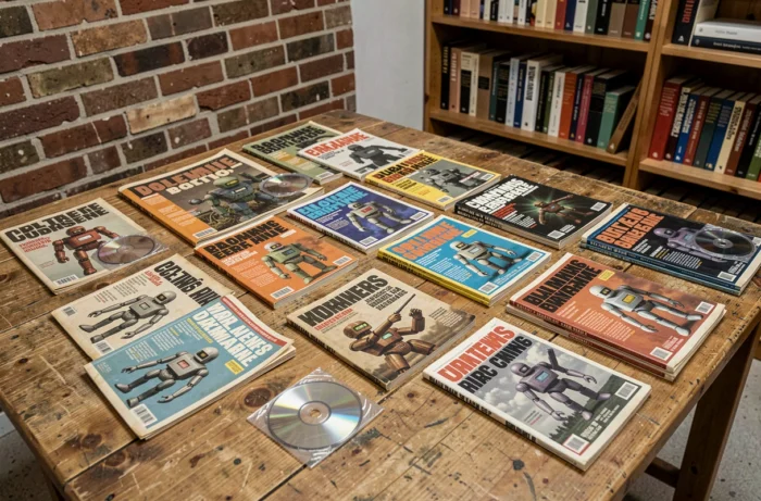 Collection de magazines PC Expert vintage des années 90 et 2000 étalés sur une table en chêne, couvertures colorées avec CD-ROM et typographies rétro