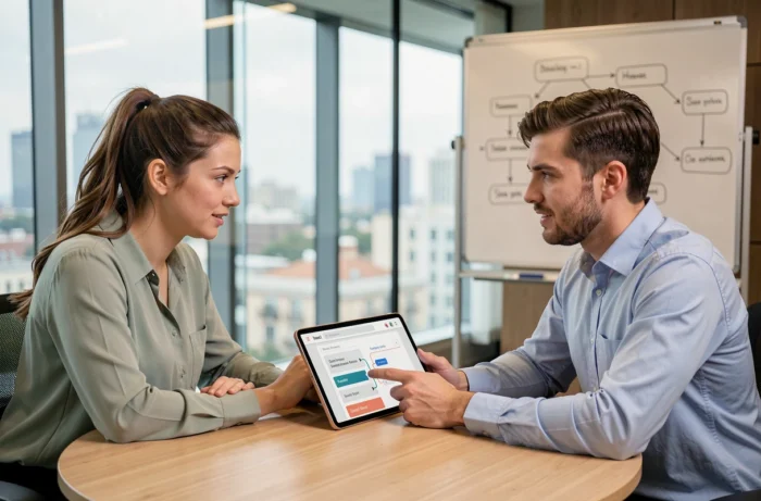 Deux collègues consultant ensemble un plan de site numérique sur tablette en salle de réunion, illustrant la navigation collaborative et l'organisation d'une plateforme de rendez-vous professionnelle