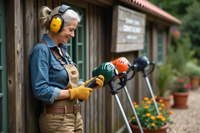Femme comparant deux modèles de débroussailleuses thermiques dans un magasin de jardinage