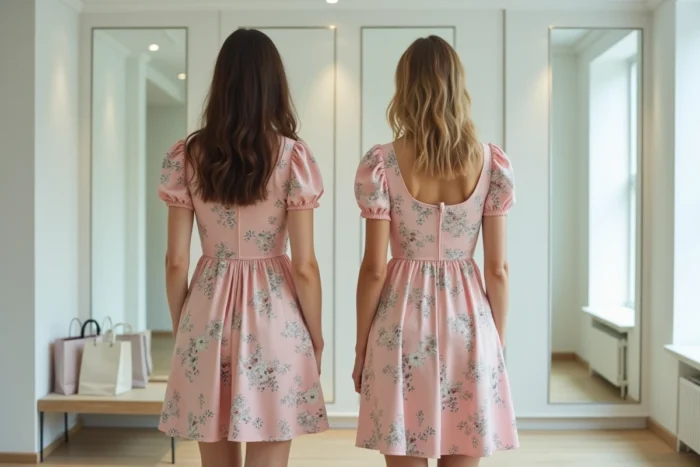 Deux femmes comparant la coupe d'une même robe taille S dans une cabine d'essayage de boutique internationale