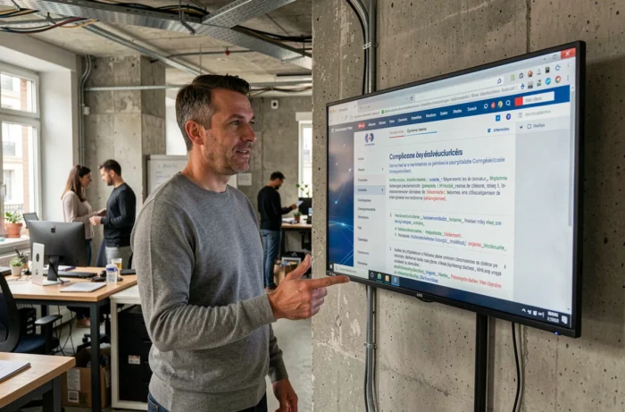 Homme expliquant la conformité des liens hypertextes devant un écran dans un open-space de startup française