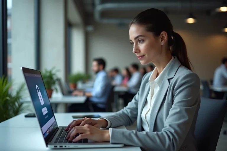 Femme en blazer gris connectée à un portail sécurisé sur son ordinateur portable dans un open space moderne