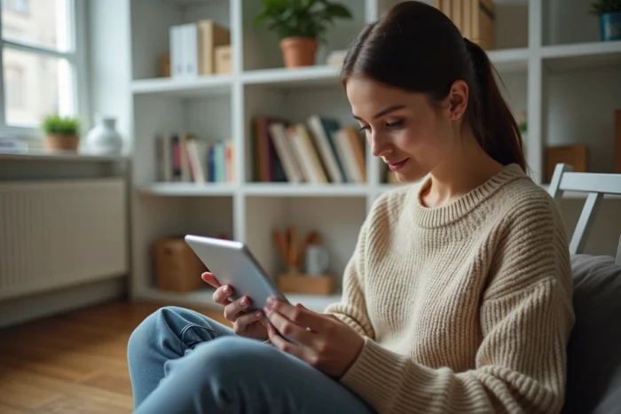 Une jeune femme se connecte à la messagerie académique Webcsat 58 de la Nièvre depuis son domicile sur une tablette