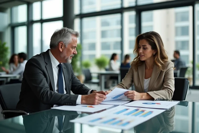 Deux professionnels de l'immobilier en consultation sur des projections financières, accompagnement expert en gestion de projet