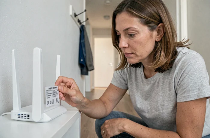 Femme consultant les identifiants par défaut inscrits sous sa box internet pour accéder à l'interface d'administration en toute sécurité