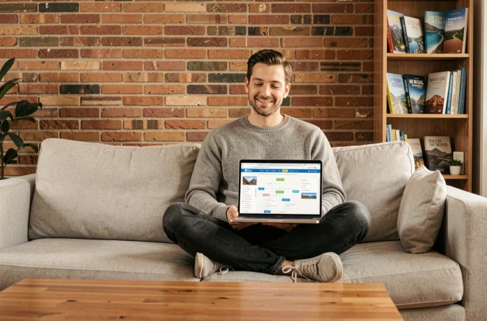 Homme consultant l'architecture de navigation d'un site de voyage nomade sur son ordinateur portable