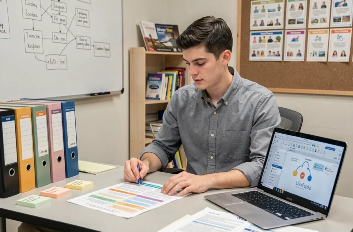 Coordinateur pédagogique spécialisé révisant un plan d'accompagnement personnalisé pour des élèves avec des troubles dys dans une salle ressource scolaire