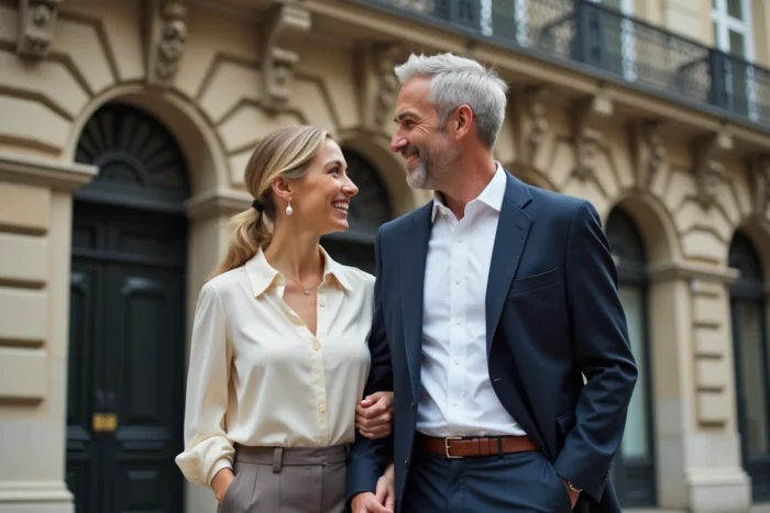 Couple élégant devant un immeuble parisien haussmannien lors d'une sortie culturelle