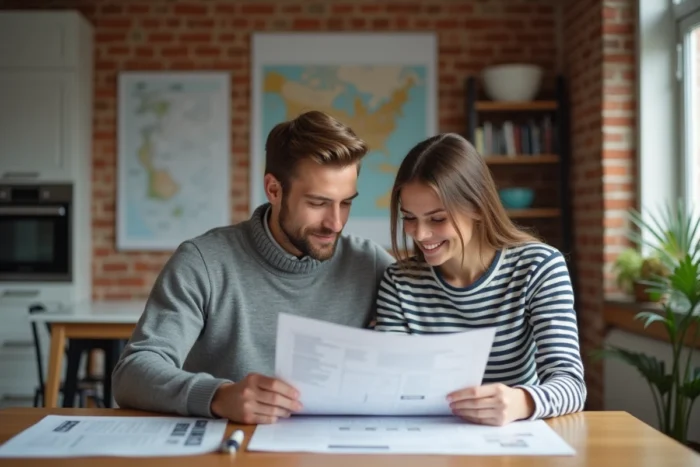Jeune couple étudiant des plans de petit logement autour d'une table en bois dans un studio avec cuisine ouverte