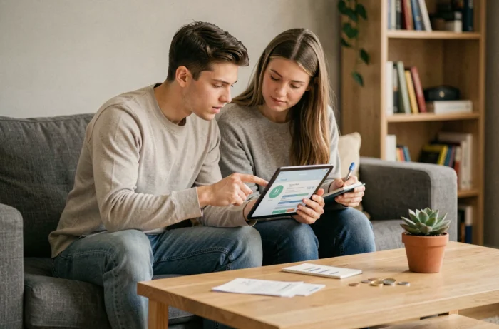 Couple consultant une application de finances personnelles ensemble sur une tablette dans leur salon