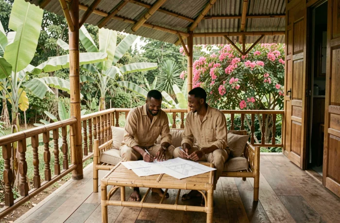 Couple malgache planifiant la décoration de leur maison traditionnelle sur la véranda entourée de végétation tropicale