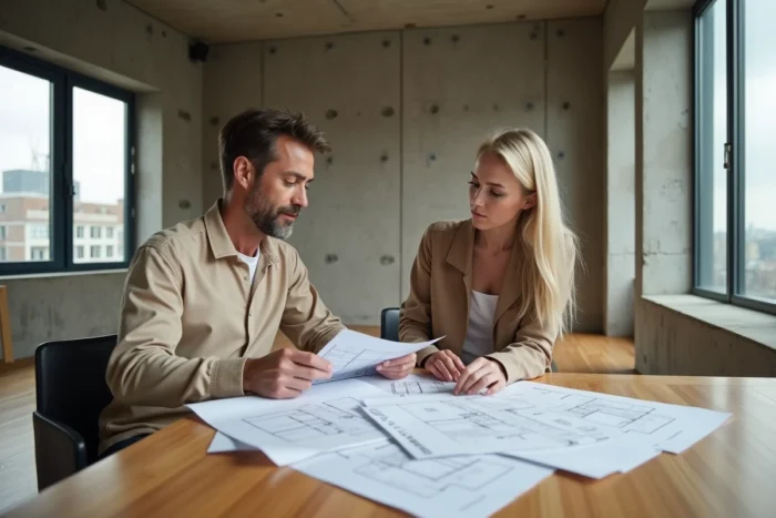 Couple examinant des plans d'appartement dans un logement vide à rénover, marché immobilier résidentiel
