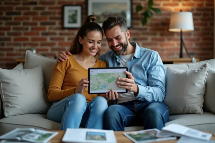 Couple recherchant un bien immobilier ensemble sur une tablette dans un salon contemporain