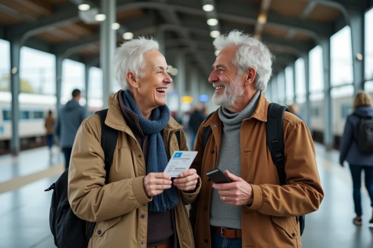 Couple de retraités SNCF souriant sur un quai de gare moderne tenant leur pass Carmillon et des billets de train