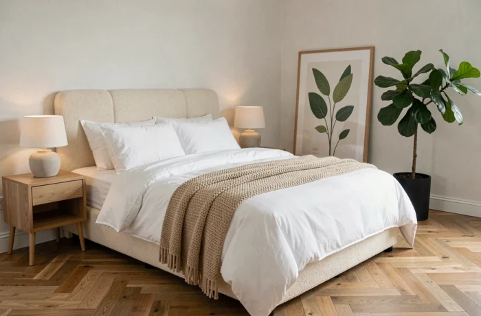 Chambre à coucher minimaliste scandinave avec literie blanche, tête de lit bouclé ivoire et plante verte, décoration intérieure tendance