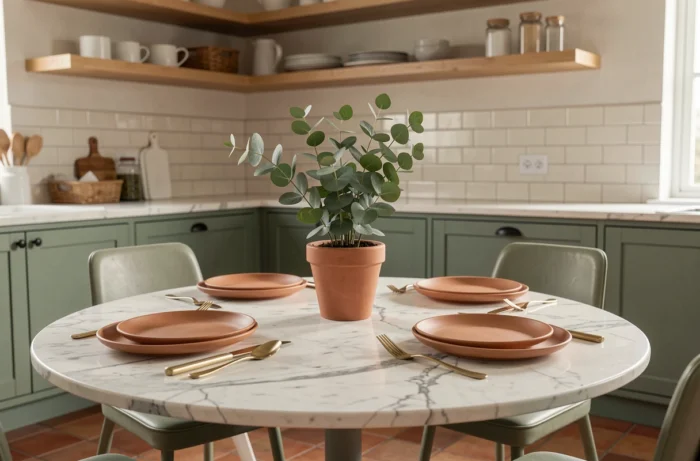 Cuisine et salle à manger décorées avec table en marbre, vaisselle en grès sable, armoires vert sauge et carrelage en terre cuite, idées déco tendance
