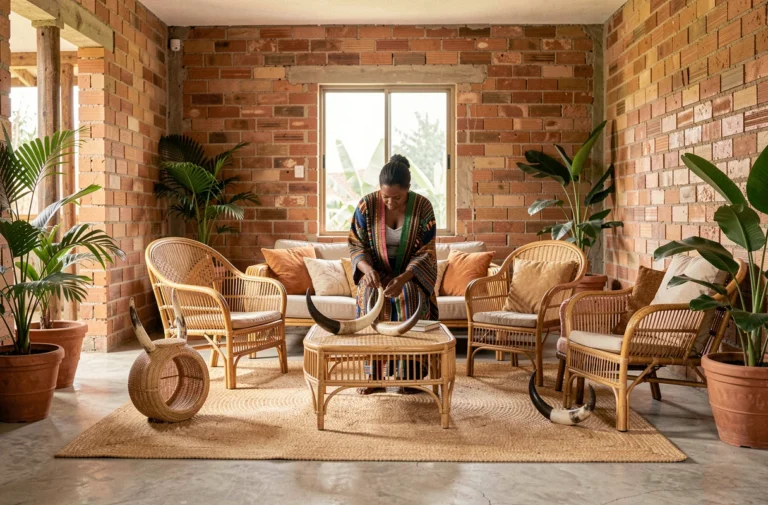 Femme malgache décorant son salon avec des meubles en rotin et des objets artisanaux traditionnels à Madagascar