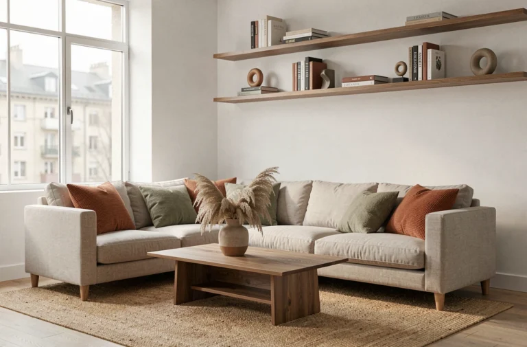 Salon moderne décoré avec canapé en lin, coussins terracotta et vert sauge, table basse en bois et tapis en jute, style intérieur tendance