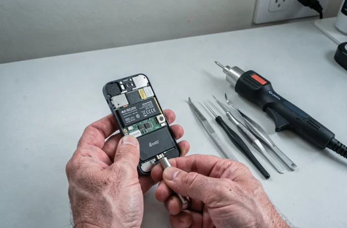 Vue de dessus d'un smartphone désassemblé avec batterie retirée et outils de réparation