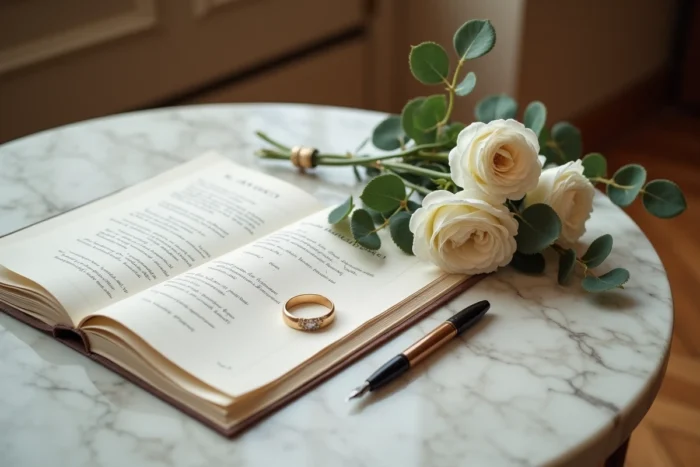 Détails de mariage élégants sur marbre : alliance dorée, bouquet de roses blanches, livre d'or et plume vintage